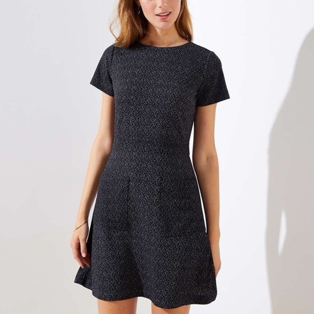 LOFT Black Speckled Short Sleeve A-Line Mini Dress